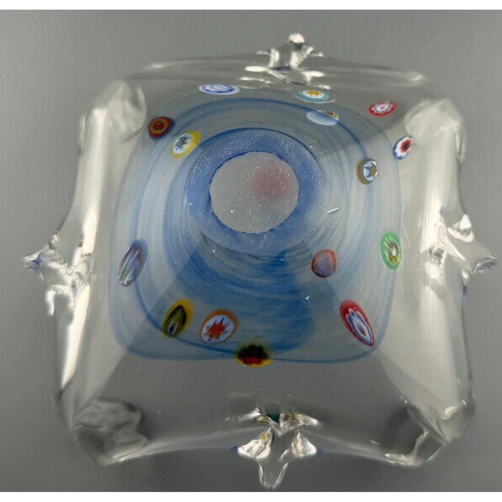 Vintage Murano Style Millefiori Art Glass Bowl Blue Hand Blown Italian 7
